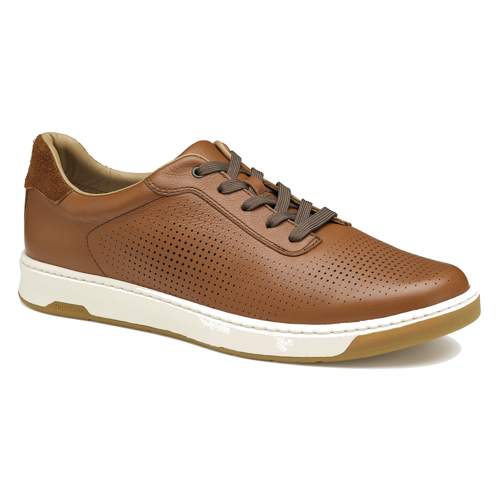A brown Johnston & Murphy Daxton U-Throat tan casual full-grain leather sneaker with perforations and a white sole.