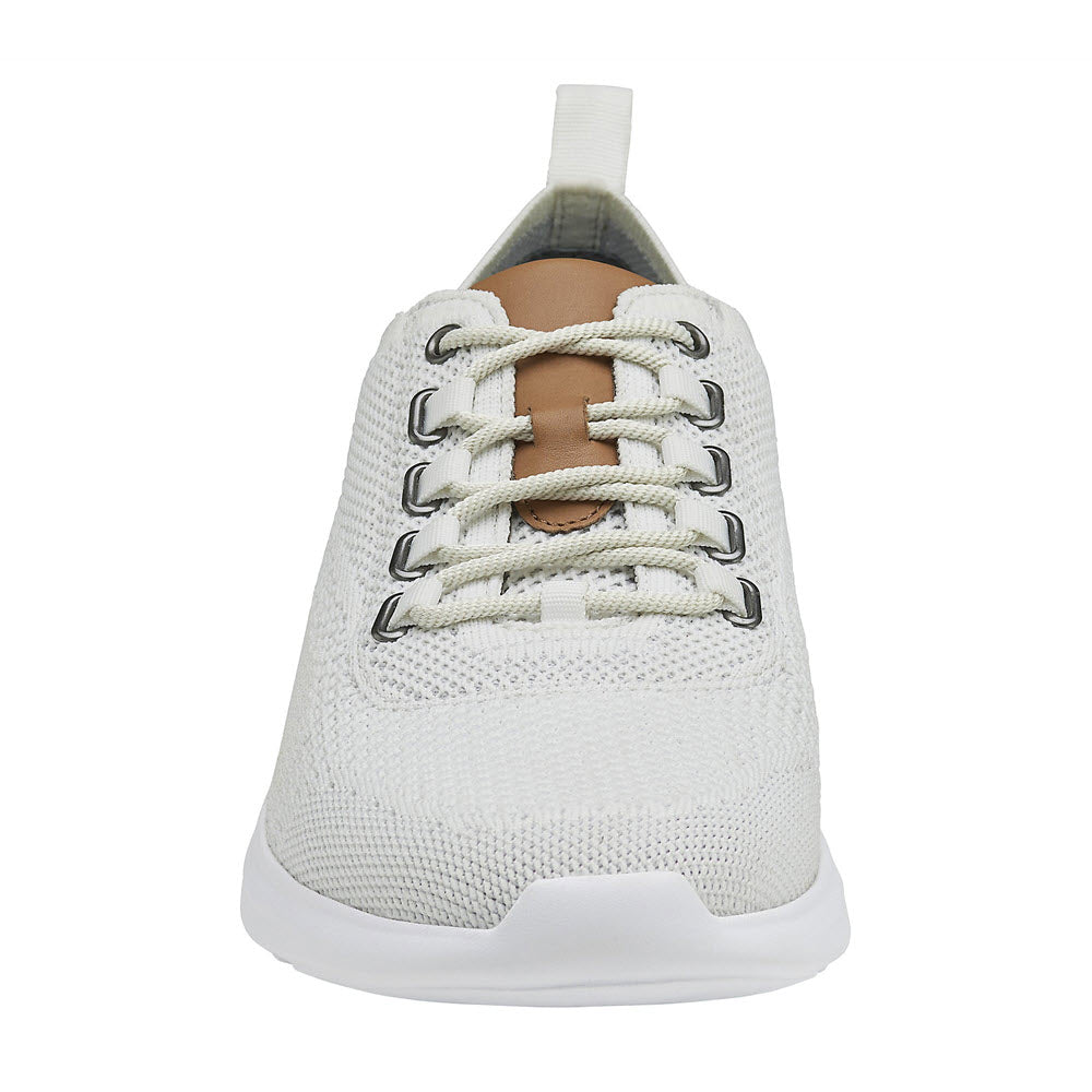 Front view of a Johnston &amp; Murphy Amherst Knit White sneaker with a mesh upper and a rubber sole.