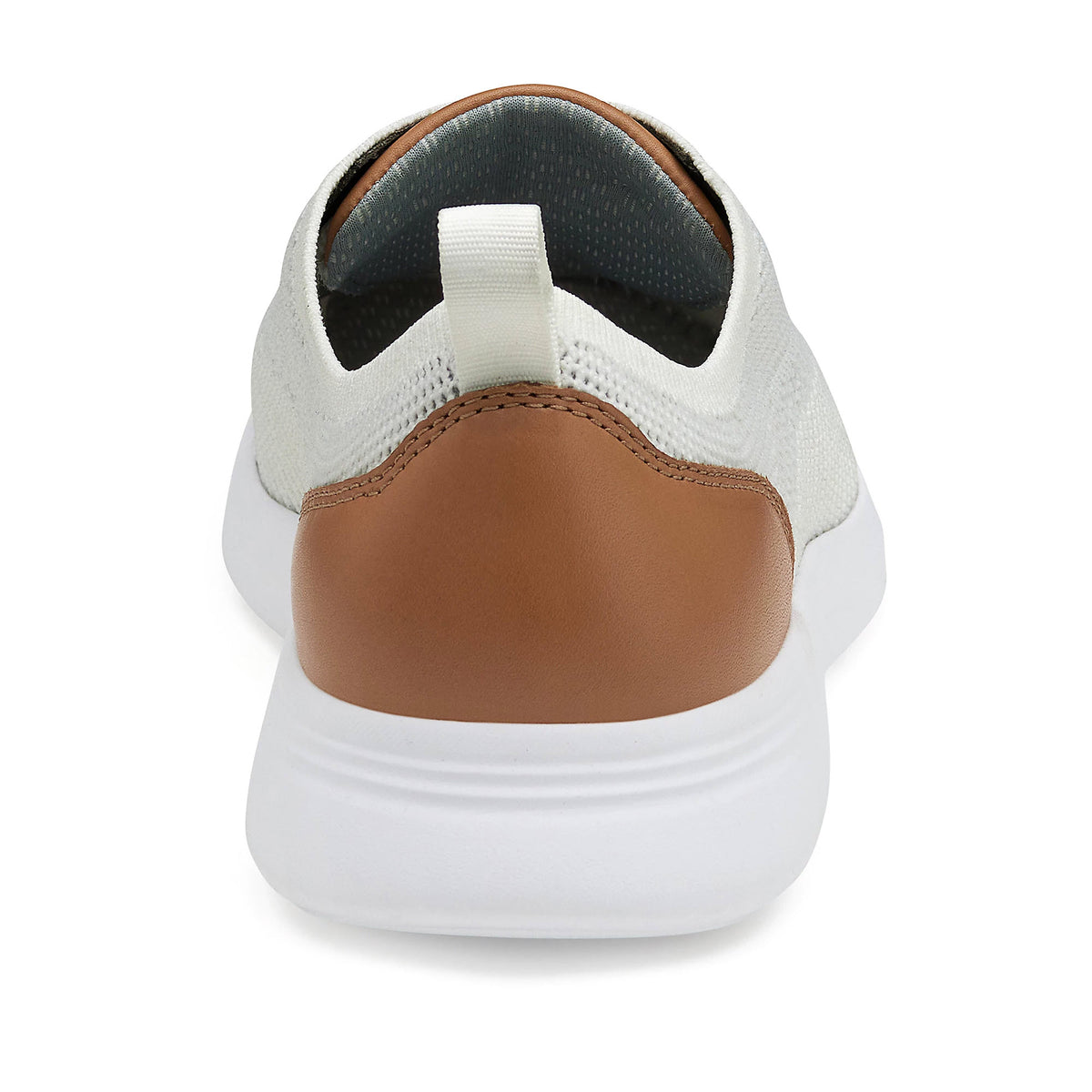 Rear view of a Johnston &amp; Murphy Amherst Knit White - Mens sport sneaker with white sole, tan leather heel patch, and a pull tab.