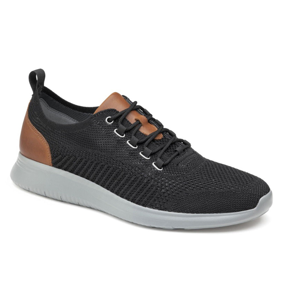 Black and brown Johnston & Murphy Amherst Knit casual athletic shoe on a white background.