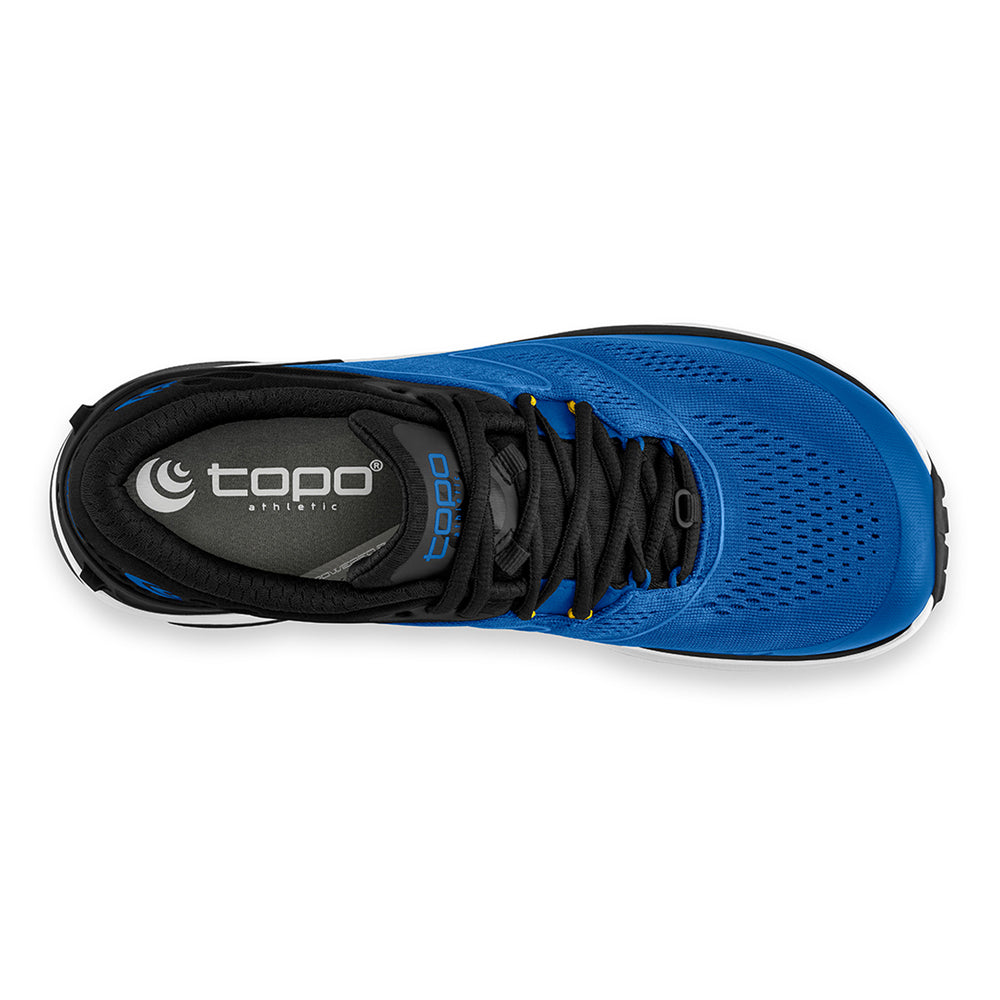 Top view of a men&#39;s Topo Ultraventure 2 Blue/Grey trail running shoe with black laces and a Vibram XS Trek EVO outsole.