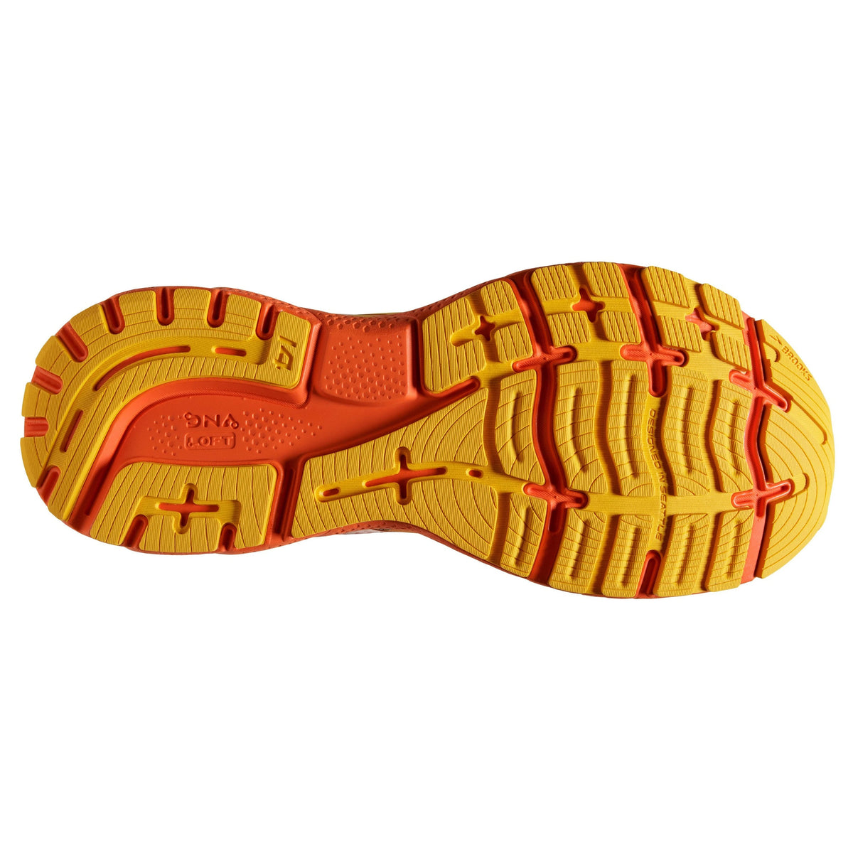 Brooks Women&#39;s Ghost 14 running shoe with a citrus/gold flame/orangeade colorway features Brooks Ghost cushioning technology in the orange rubber sole.