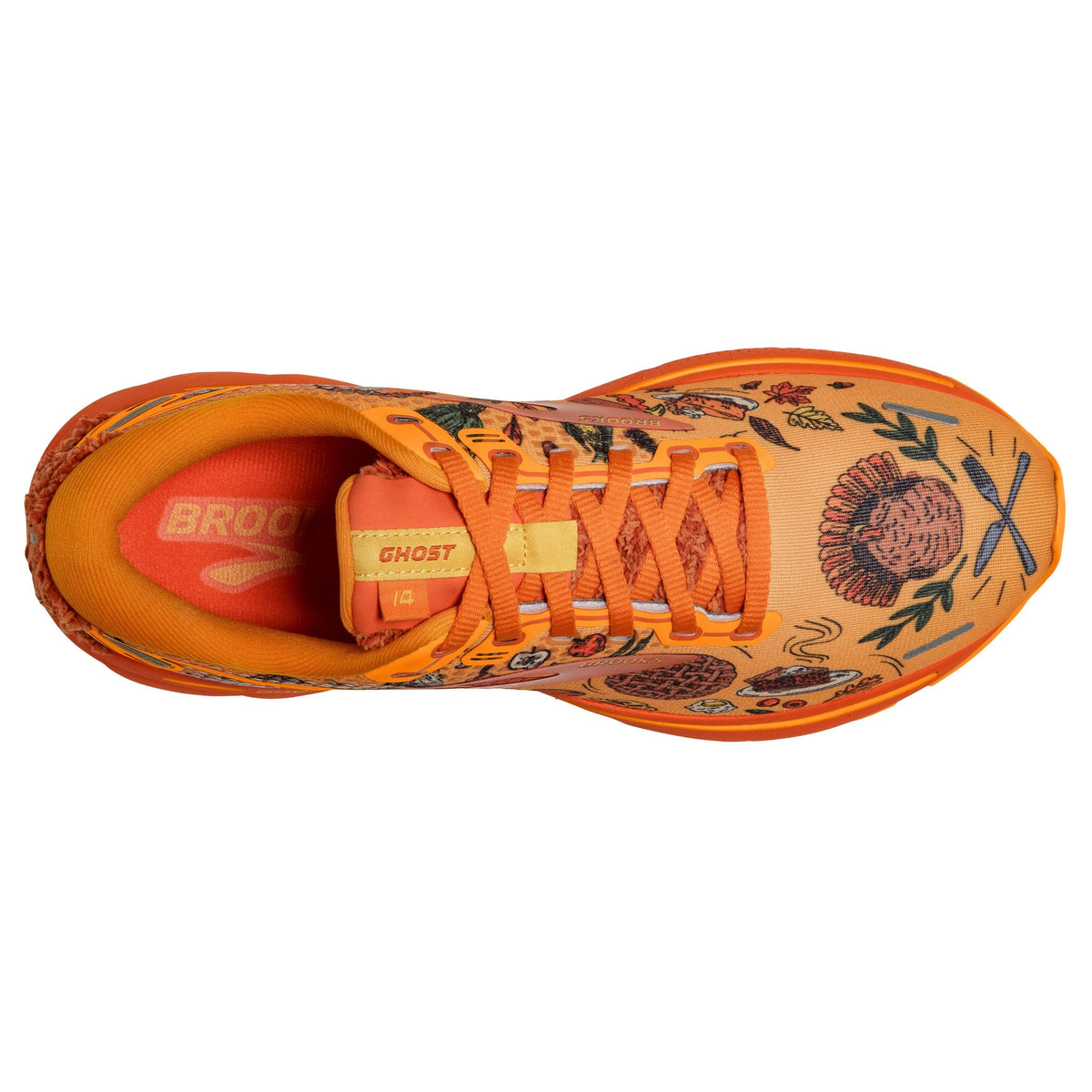 Top view of a brightly colored Brooks Ghost 14 Citrus/Gold Flame/Orangeade women&#39;s running shoe with a floral pattern design, featuring advanced cushioning technology.