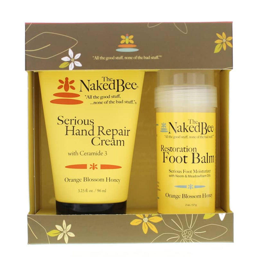 A skincare gift set of Naked Bee including Naked Bee Hand &amp; Feet Gift Set Orange in a yellow and brown packaging with floral accents, featuring the delightful scent of orange blossom honey.