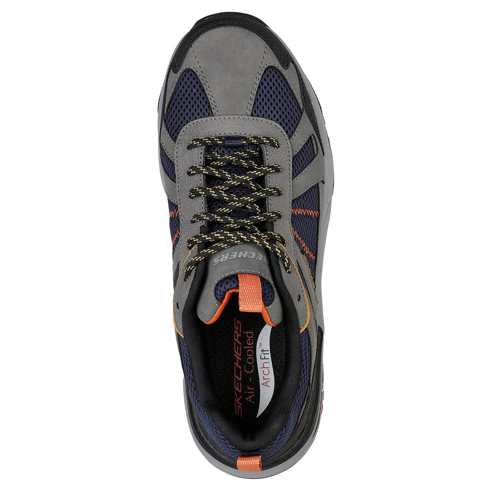 Top view of a Skechers Vortego Arch Fit lace-up sneaker, featuring navy, gray, and orange accents, designed for outdoor activities.
