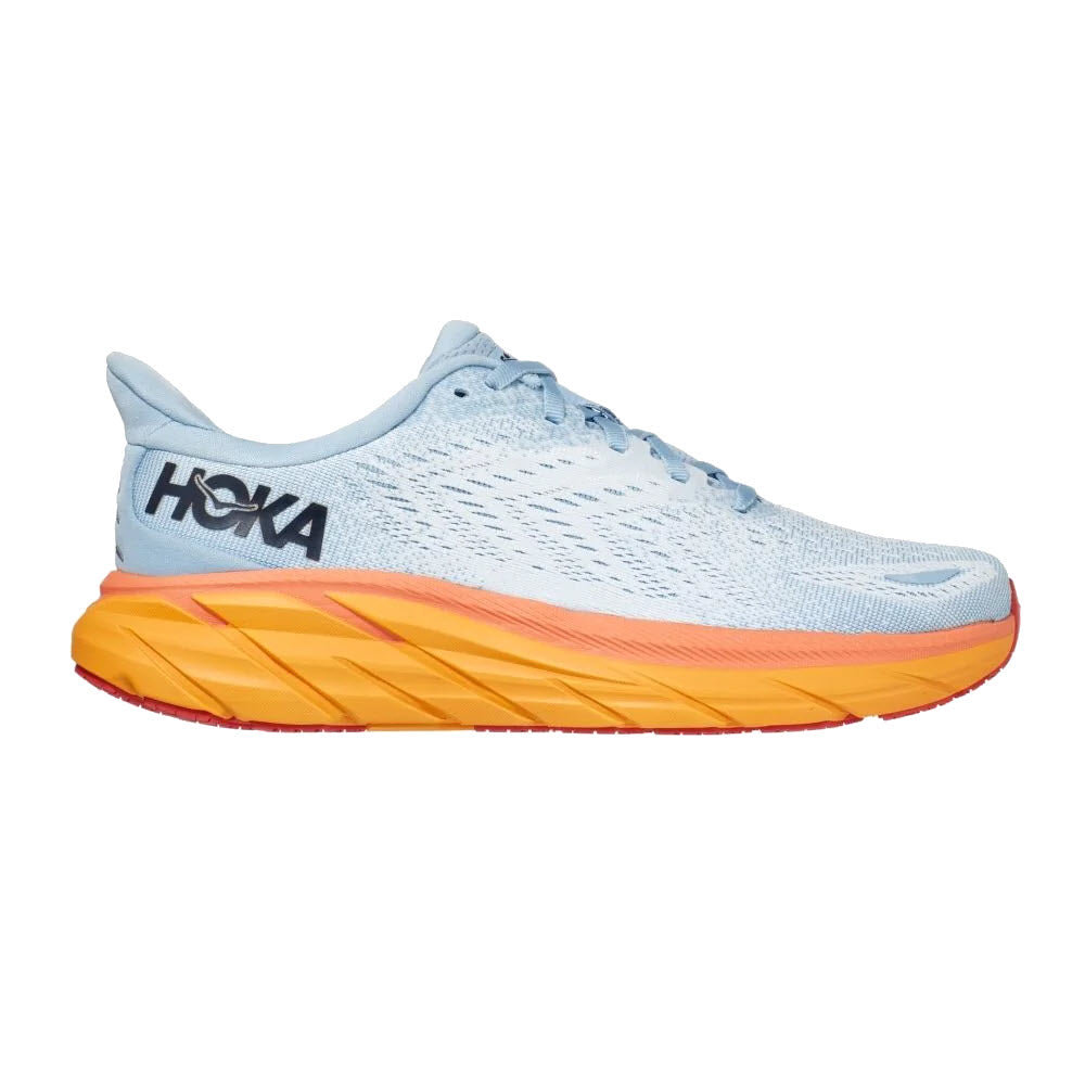 Hoka&#39;s HOKA CLIFTON 8 SUMMER SONG/ICE FLOW - WOMENS running shoe with thick orange sole and engineered mesh is light blue.