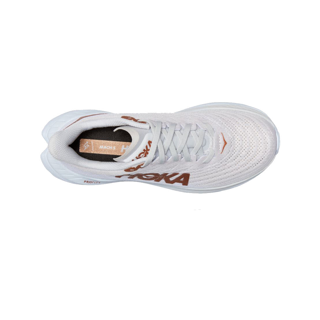 Top view of a single white HOKA ONE ONE Mach 5 running shoe with brown accents on a white background.
