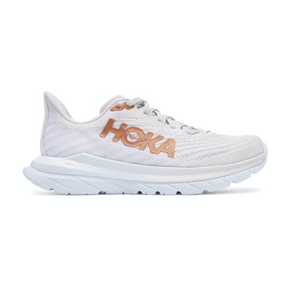A white HOKA ONE ONE Mach 5 running shoe displayed in profile view against a plain background.