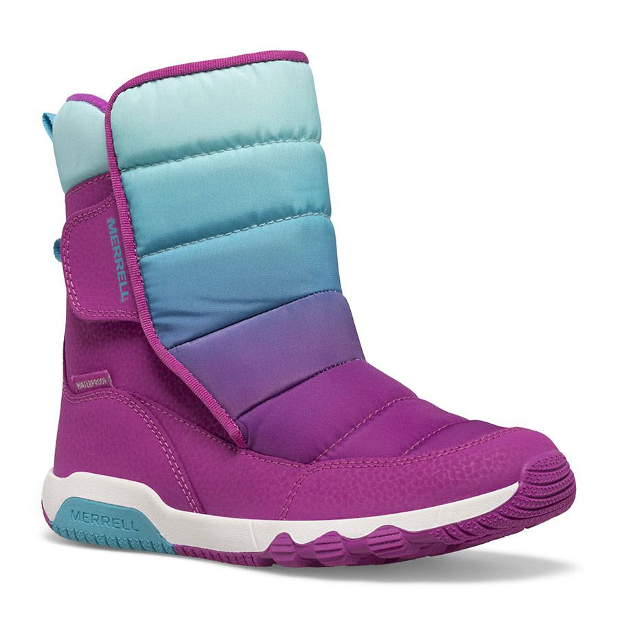 A colorful Merrell winter boot, featuring a purple lower part and a gradient blue to turquoise upper with waterproof construction, the MERRELL FREE ROAM PUFFER WATERPROOF BERRY - KIDS.