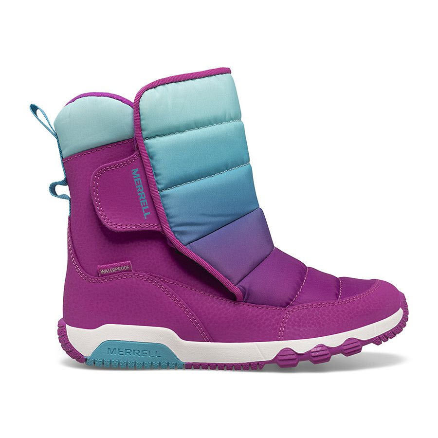 Purple and blue Merrell Free Roam Puffer Waterproof Berry winter boot with waterproof construction, white soles, and branding on the side, isolated on a white background.