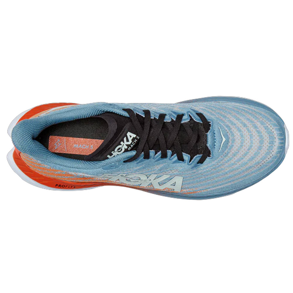 Top view of a single Hoka Mach 5 running shoe with black laces.