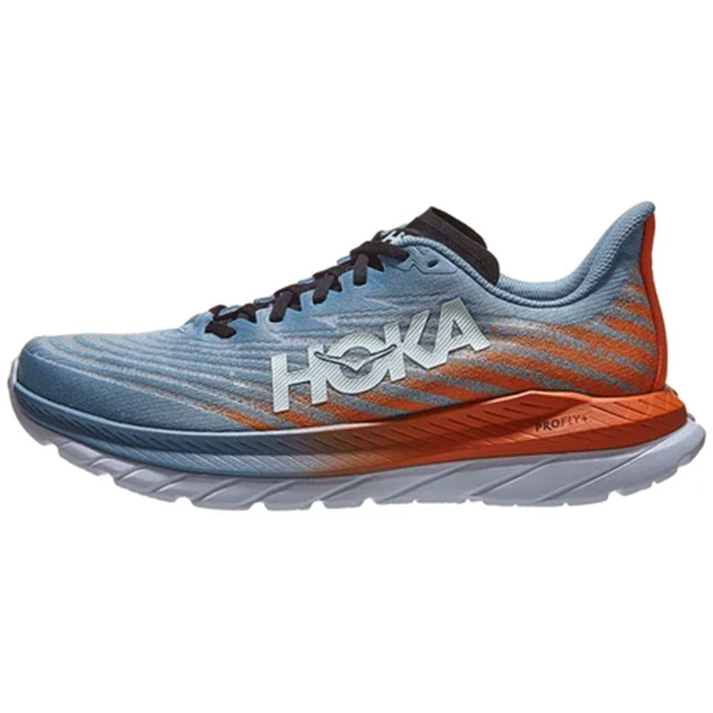 A blue and orange HOKA ONE ONE Mach 5 Mountain Spring/Puffins Bill running shoe with prominent branding on the side, featuring a PROFLY™ midsole.