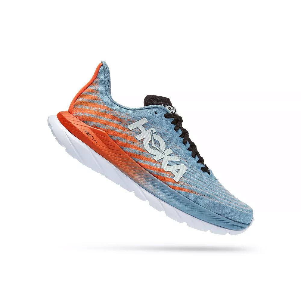 A single blue and orange HOKA ONE ONE MACH 5 running shoe with a PROFLY™ midsole, isolated on a white background.