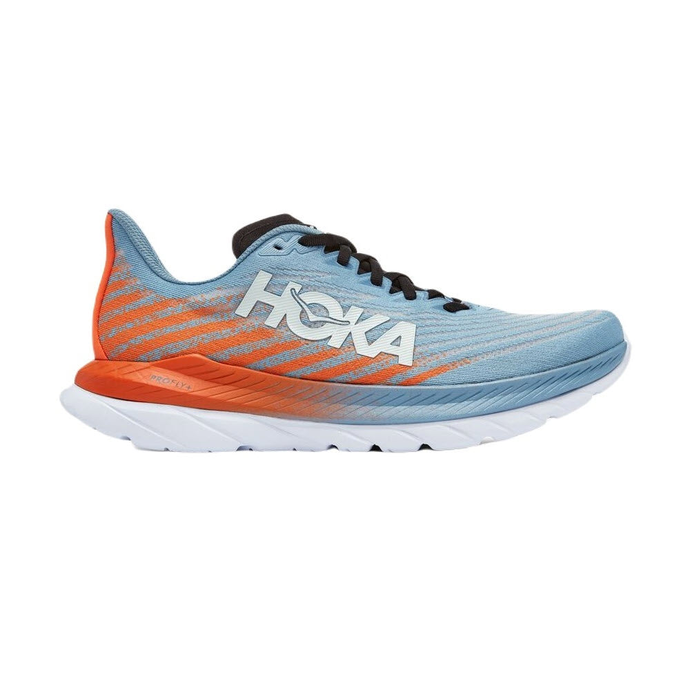 Hoka MACH 5 running shoe with a PROFLY™ midsole, in blue and orange on a white background.