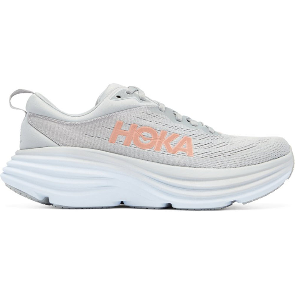 A single grey HOKA Bondi 8 HARBOR MIST/LUNAR ROCK neutral running shoe with a thick white sole.