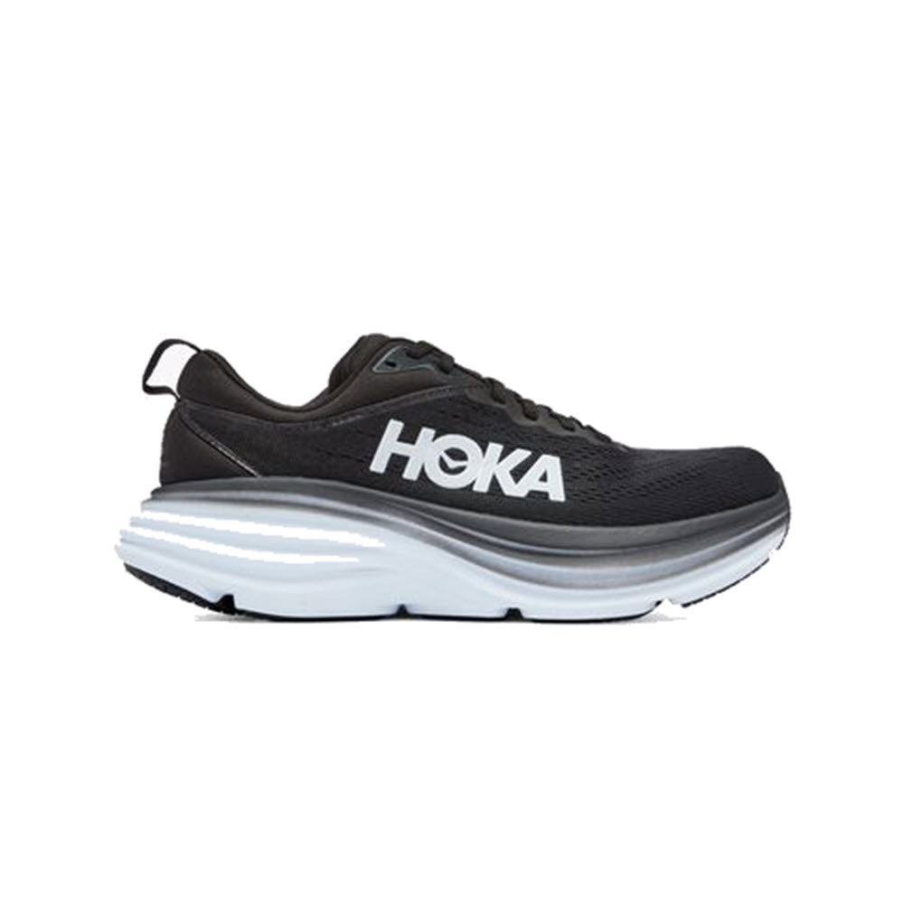 Black and white HOKA Bondi 8 running shoe with prominent cushioned sole, neutral design, and Hoka branding.