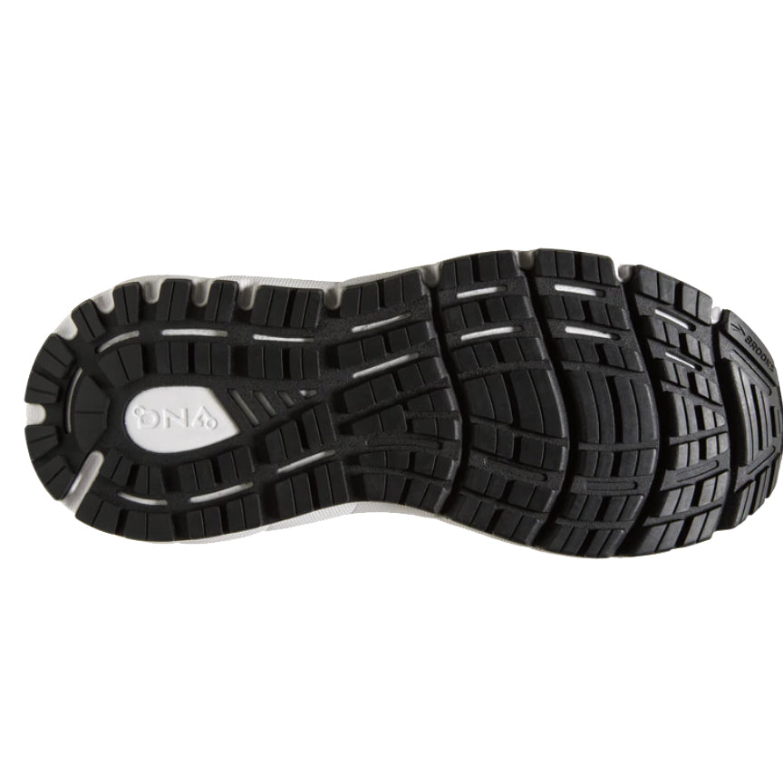 Black rubber sole of a Brooks Addiction GTS 15 Black/Ebony - Womens running shoe with tread pattern and brand logo visible, designed for severe overpronators.