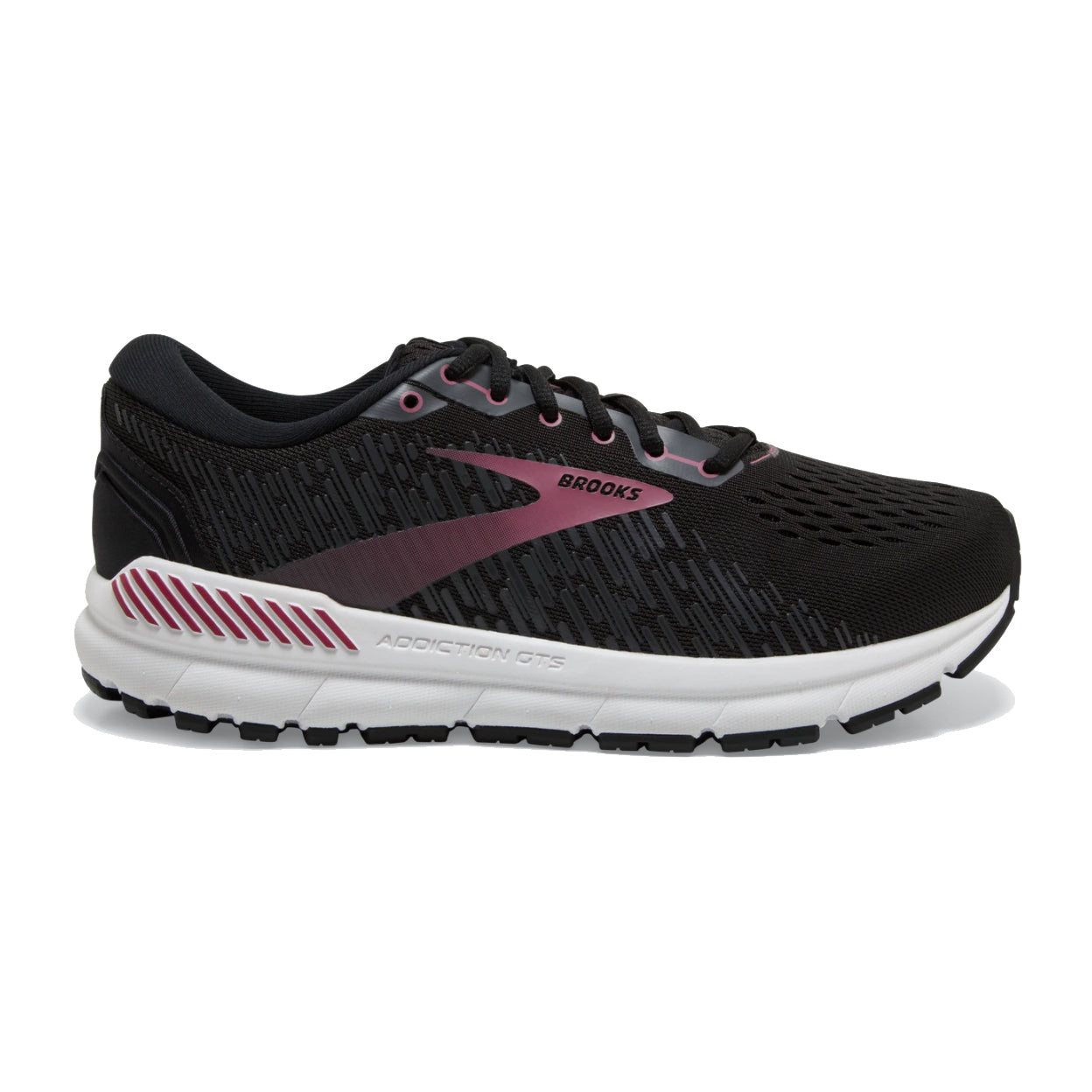 A single Brooks Addiction GTS 15 women's running shoe with black upper and white sole, designed for severe overpronators.