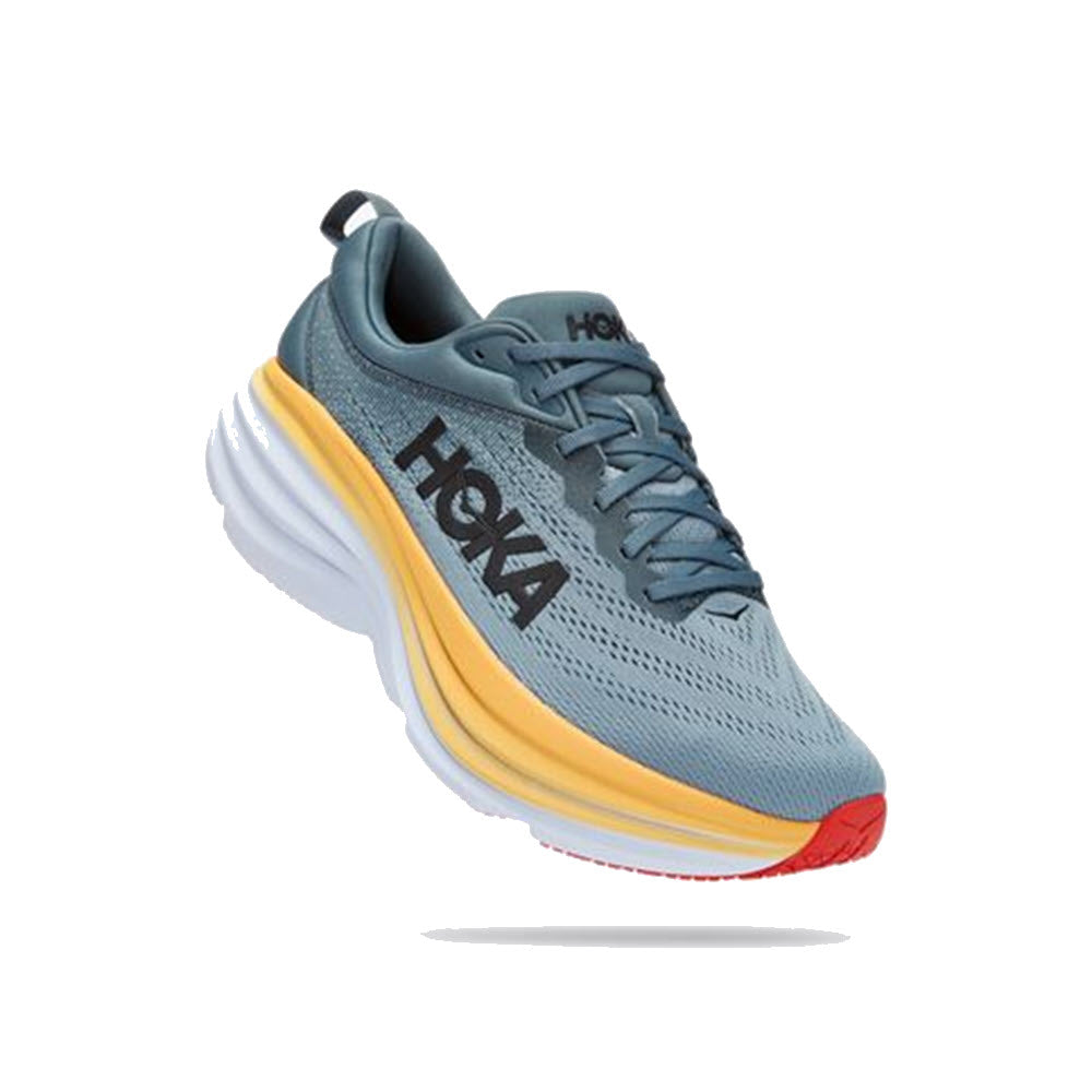 A single gray and yellow Hoka Bondi 8 Goblin Blue/Mountain Spring - Mens running shoe with a thick sole floating against a white background.