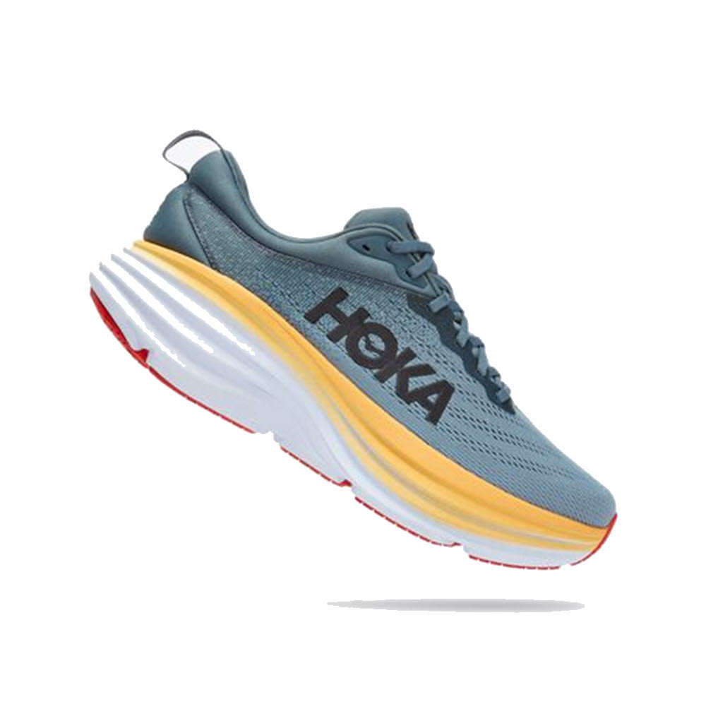 A single Hoka Bondi 8 Goblin Blue/Mountain Spring athletic shoe with a thick sole and neutral running shoe characteristics on a white background.