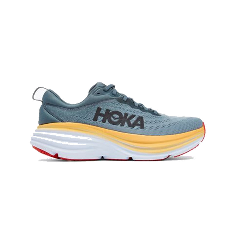A single Hoka Bondi 8 Goblin Blue/Mountain Spring - Mens running shoe with a thick cushioned sole, designed as a neutral running shoe.