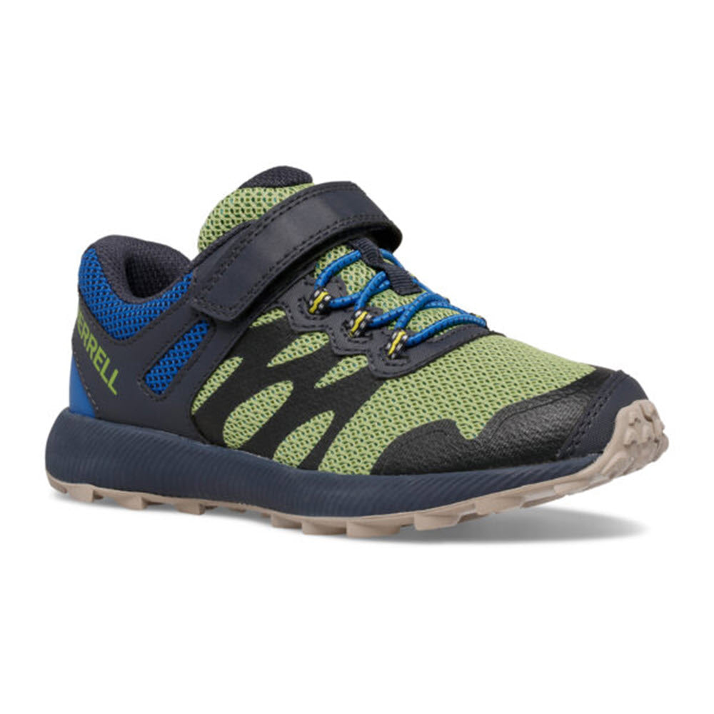 A child&#39;s Merrell Nova 2 Foliage hiking shoe with a non-marking outsole and green and blue accents.