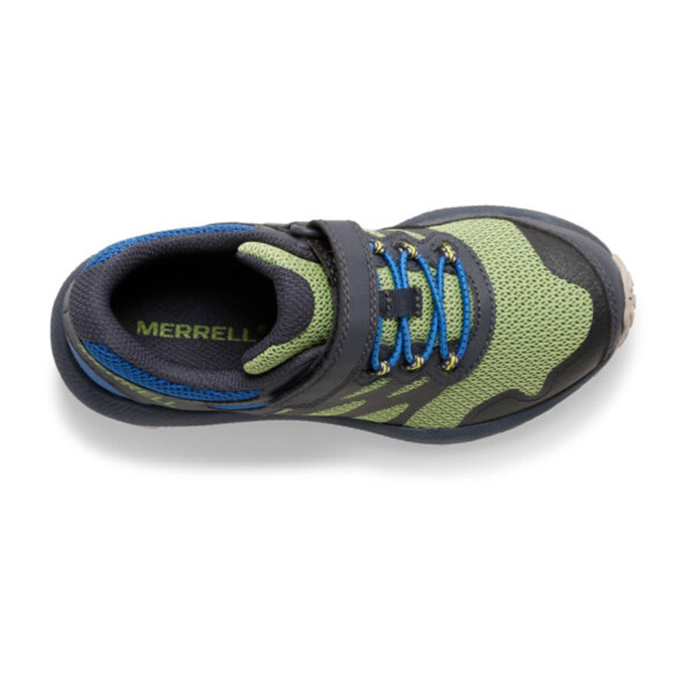 Green and blue Merrell NOVA 2 FOLIAGE trail runner shoe with a breathable textile upper on a white background.