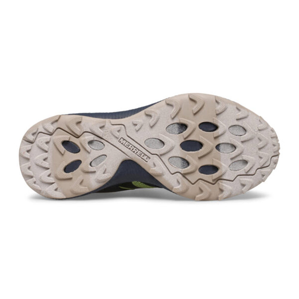 Tread of a hiking shoe showing the brand &quot;Merrell&quot; on the sole and featuring a breathable textile upper.