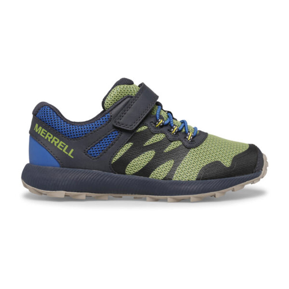 A child&#39;s Merrell NOVA 2 FOLIAGE trail runner with a breathable textile upper and blue accents, featuring a hook-and-loop strap and lace-up closure.