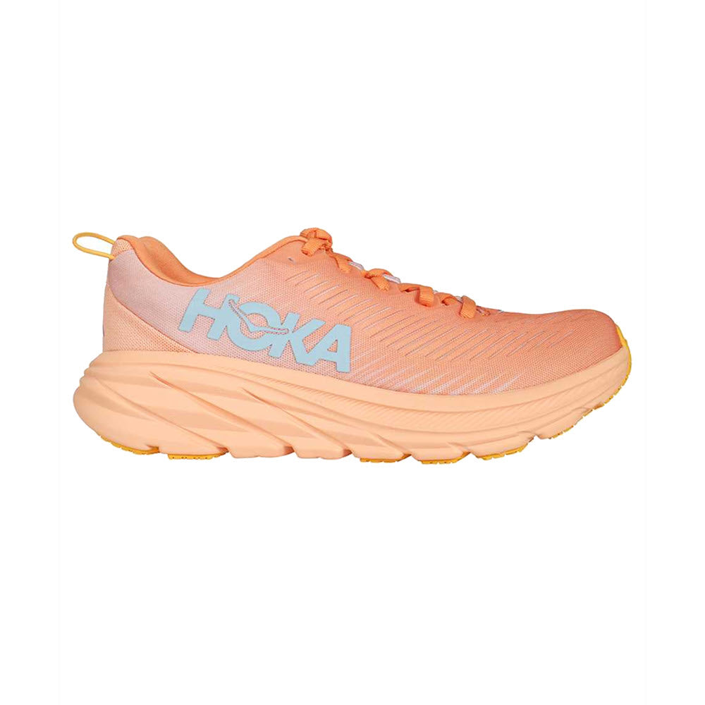 A single HOKA ONE ONE RINCON 3 SHELL CORAL/PEACH PARFAIT running shoe with a thick sole and vented-mesh upper, isolated on a white background.