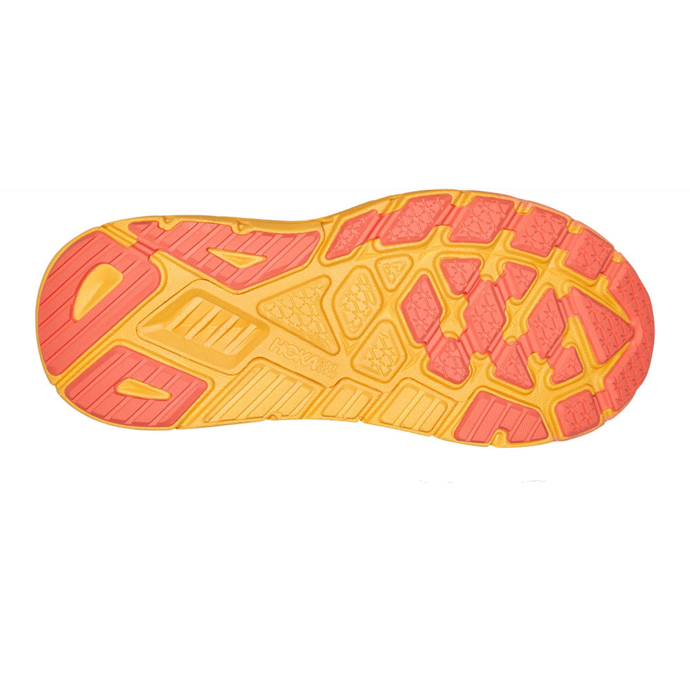 Lightweight tread pattern of a Hoka Arahi 6 Nimbus Cloud Blanc De Blanc - Womens sports shoe sole with orange and yellow colors.