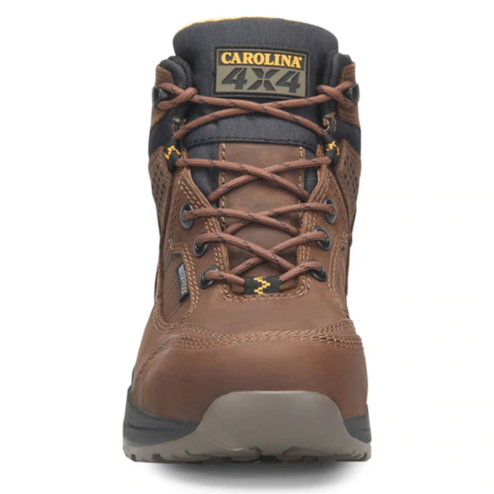 Brown leather Carolina Steel Toe Builder work boot with laces and an embossed label displaying the brand name &quot;Carolina&quot;.