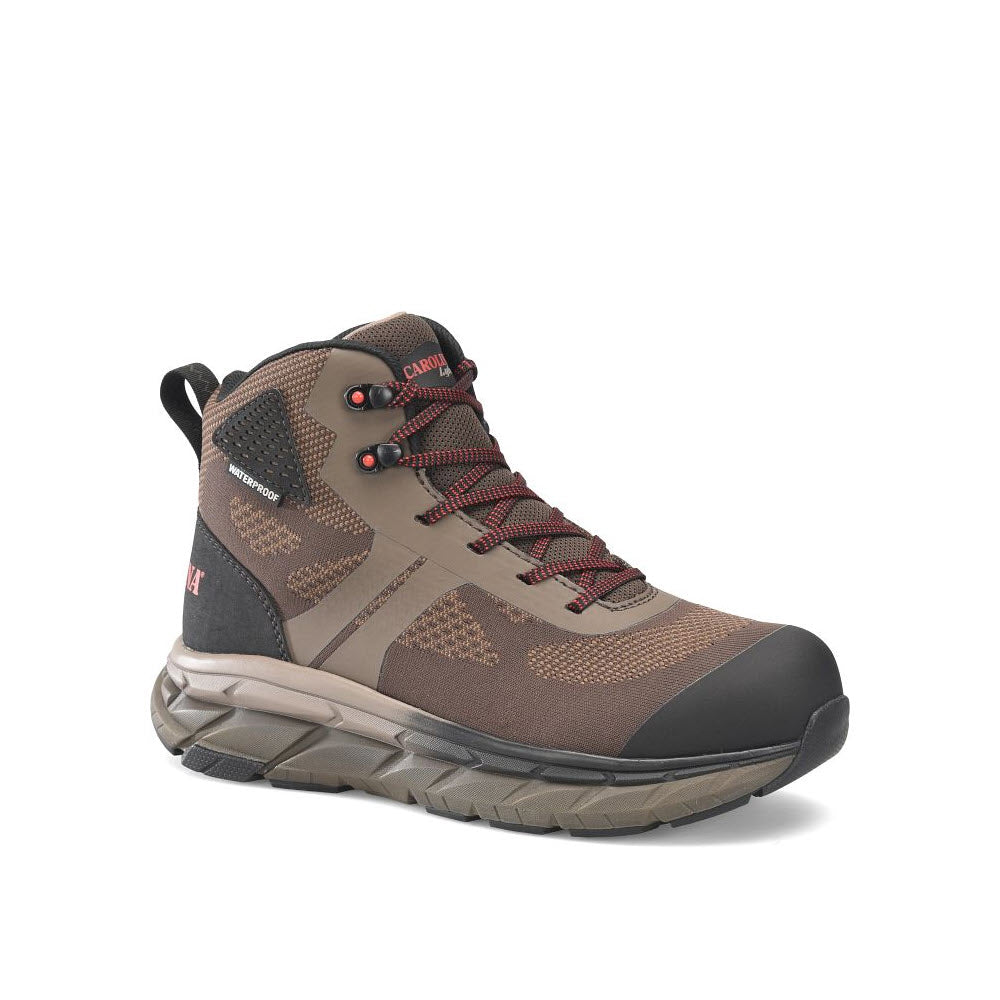 A Carolina waterproof brown and gray hiking boot with red laces on a white background.
