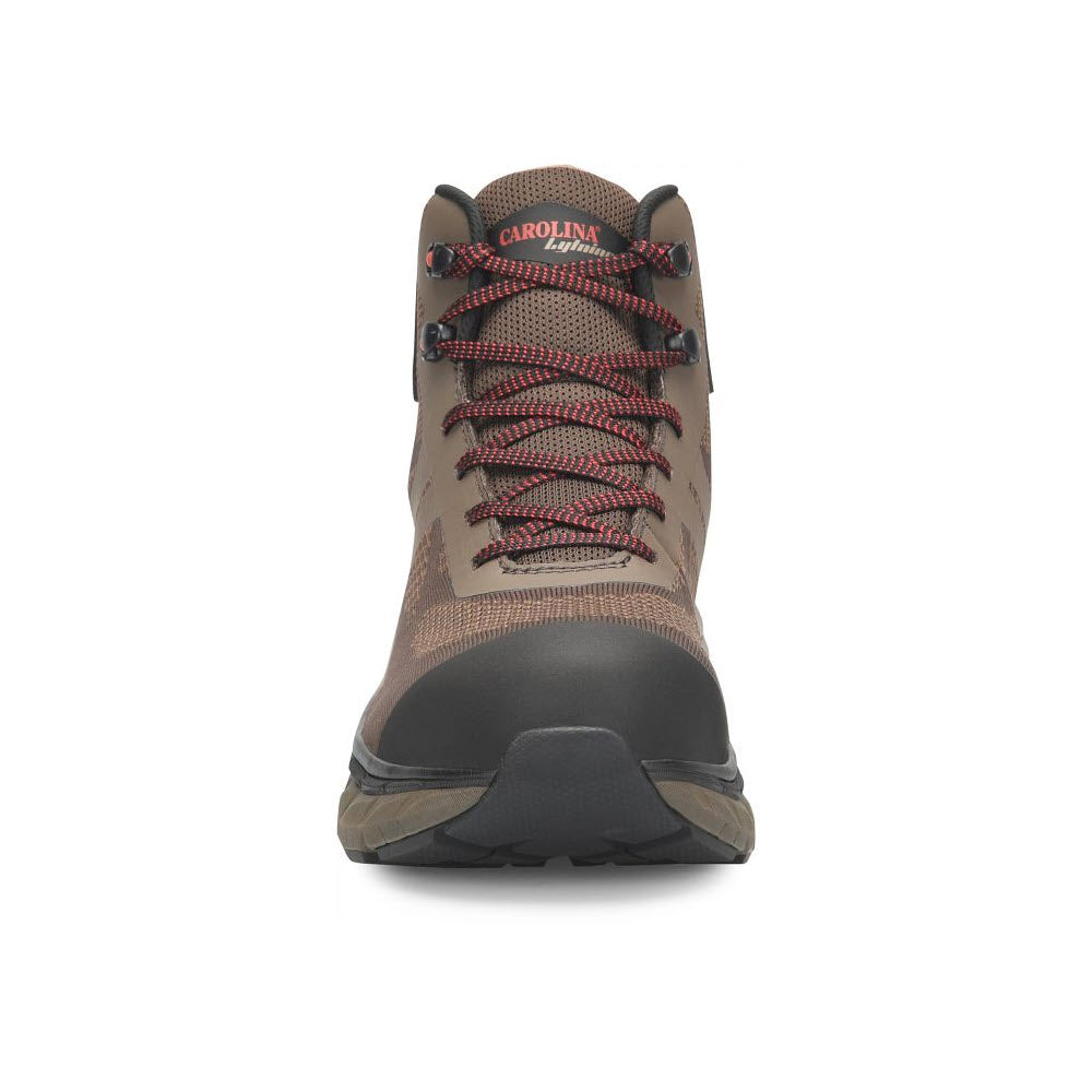 Front view of a Carolina 1915 Comp Toe Hiker Brown - Mens featuring a brown and gray color scheme with red laces, isolated on a white background.