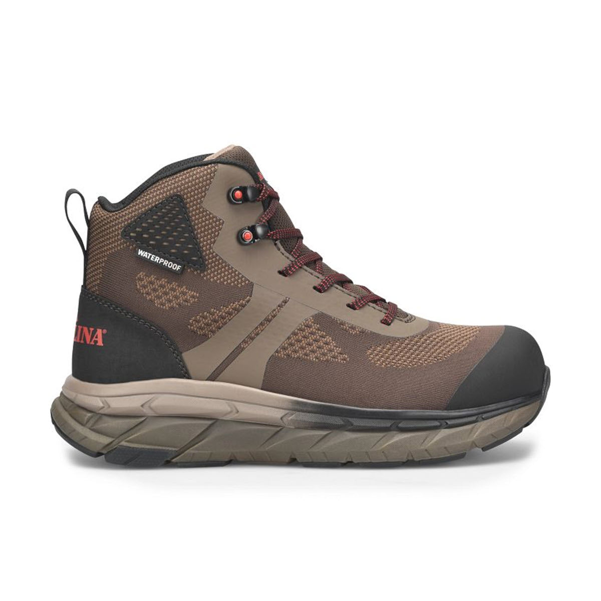 A brown and black Carolina 1915 Comp Toe Hiker waterproof hiking boot with mesh panels and thick rubber sole, isolated on a white background.