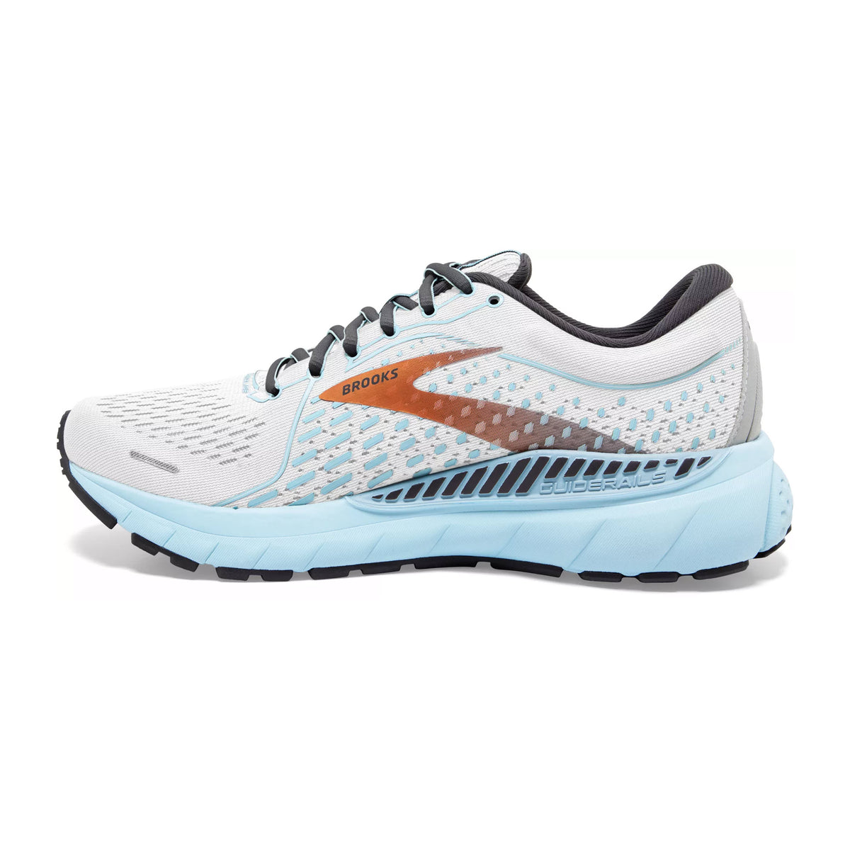 A single white and blue Brooks Adrenaline GTS 21 running shoe with cushioned sole. 
(Product Name: Brooks Adrenaline GTS 21, Brand Name: Brooks)