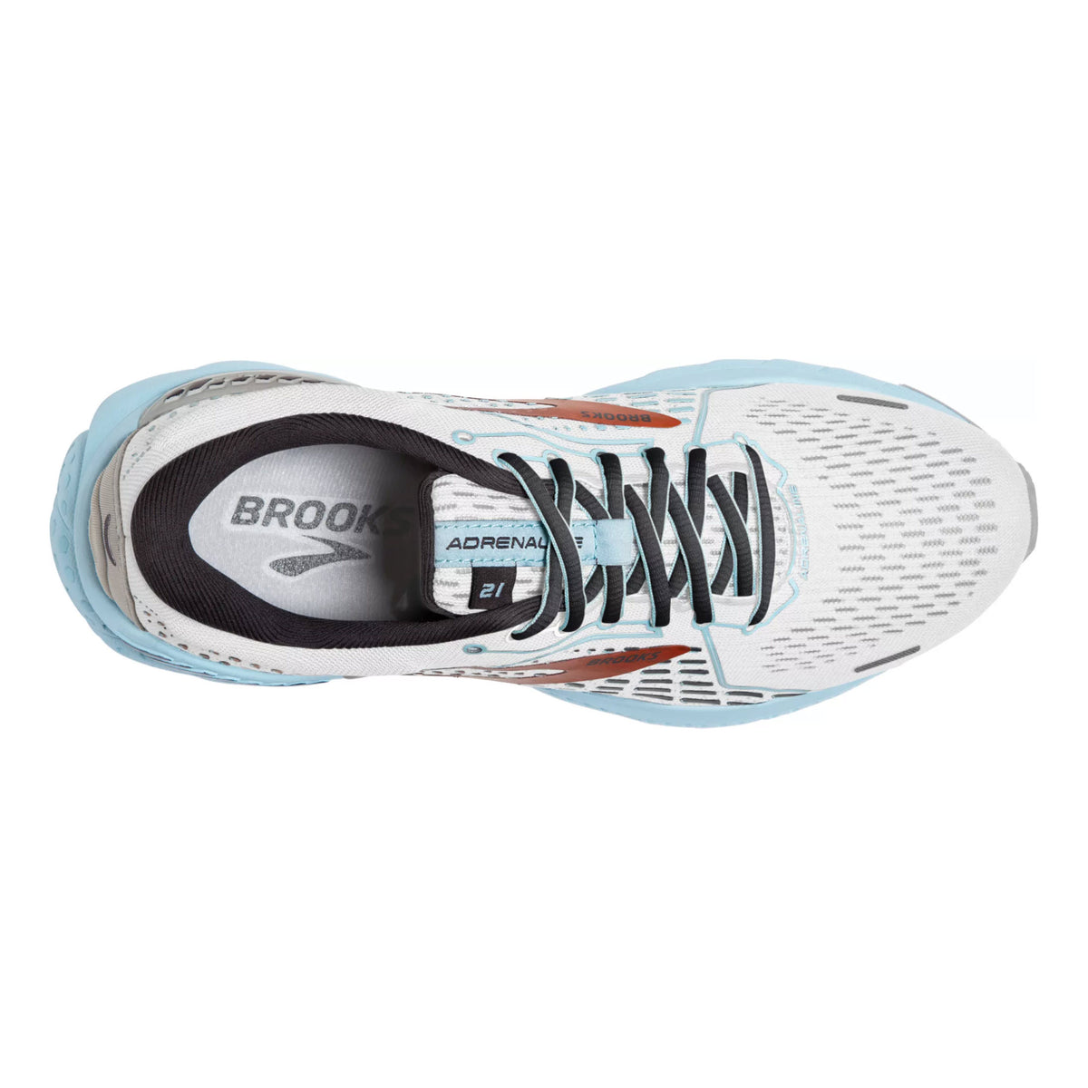 Top view of a blue and white Brooks Adrenaline GTS 21 running shoe, featuring stability and cushioning.