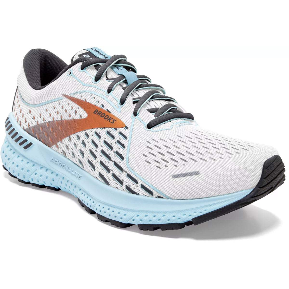A pair of Brooks Adrenaline GTS 21 White/Light Blue running shoes with a cushioned sole design and GuideRails Holistic Support System for enhanced stability.