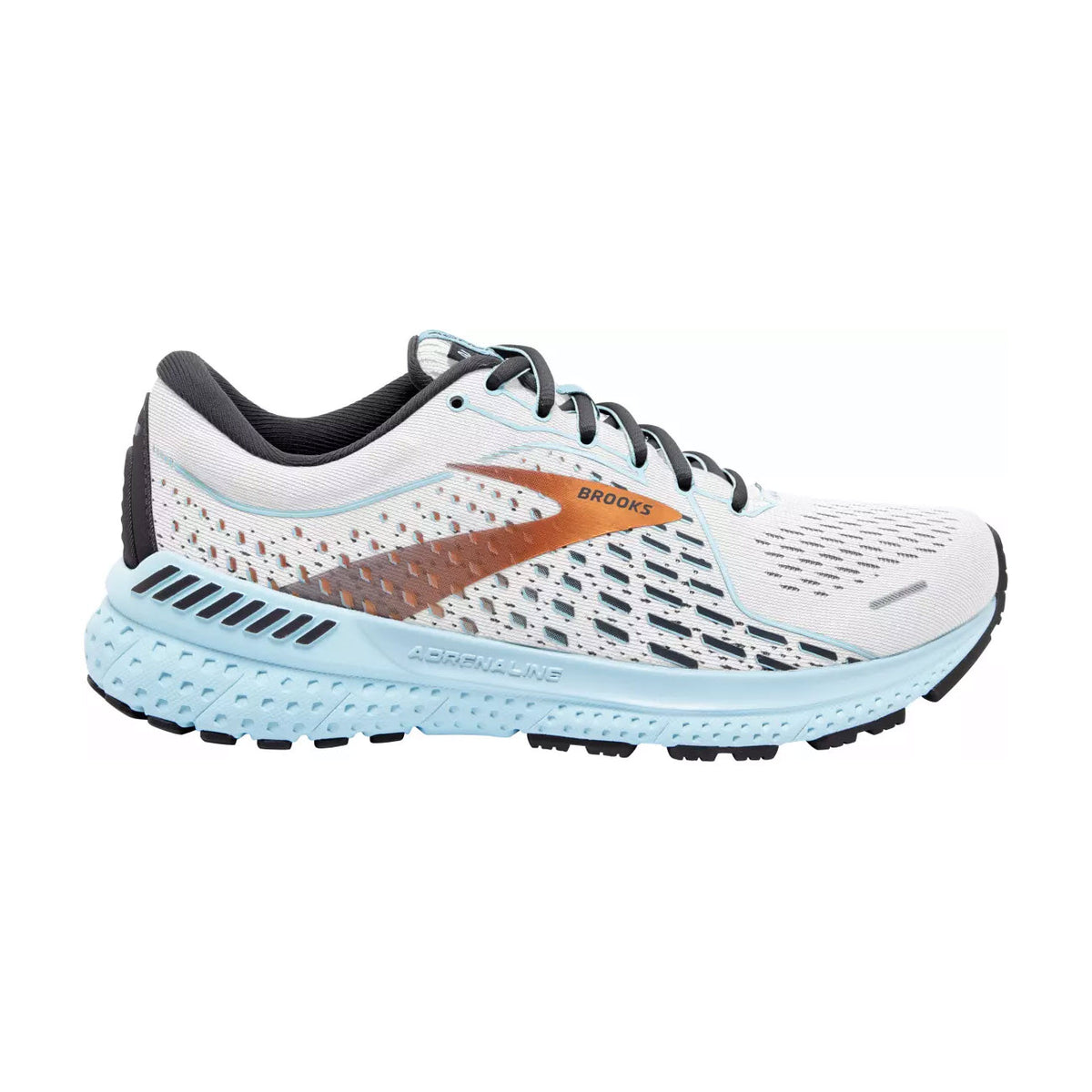 White and blue Brooks Adrenaline GTS 21 running shoe with orange accents and GuideRails Holistic Support System on a white background.