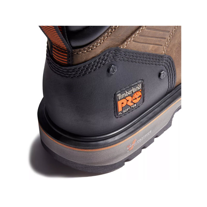 Close-up of a Timberland PRO Ballast 6 Inch work boot highlighting the brand logo and Anti-Fatigue Technology.
