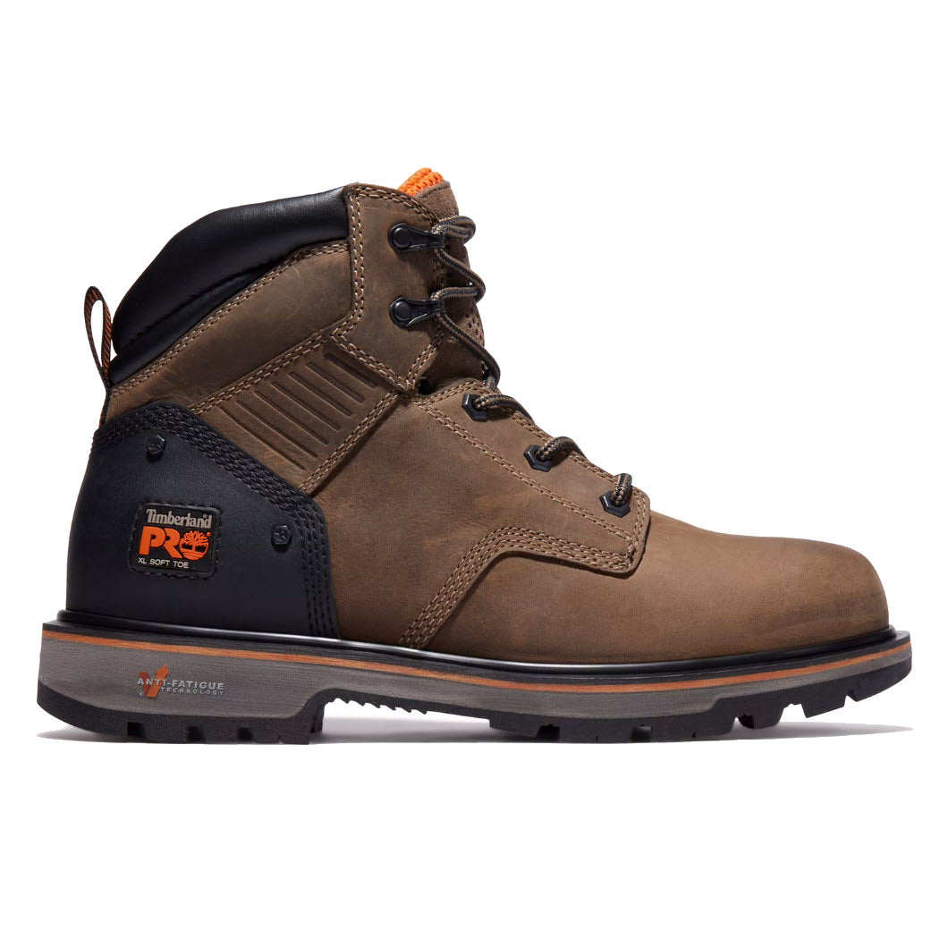 Men's brown soft-toe Timberland Pro Ballast 6 Inch work boot with a black sole and padded collar, featuring electrical hazard protection.