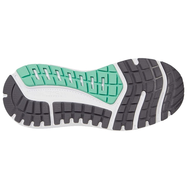 A close-up of the tread on the sole of a Brooks Ariel 20 Alloy/Green - Women&#39;s running shoe, featuring a pattern of grey, white, and green rubber sections.