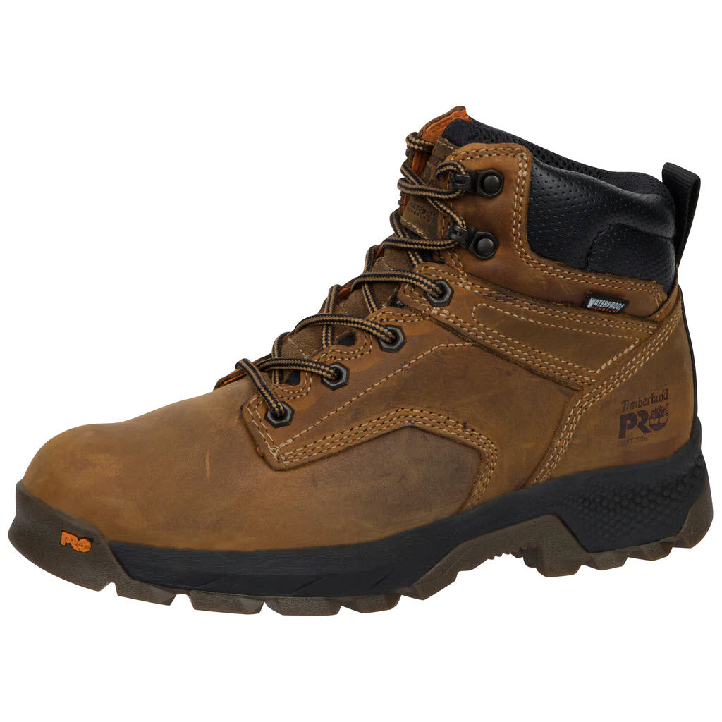 A single brown Timberland Titan EV 6&quot; WP Soft Toe Earth work boot with high ankle support and black soles, featuring orange logo accents and lace-up closure.