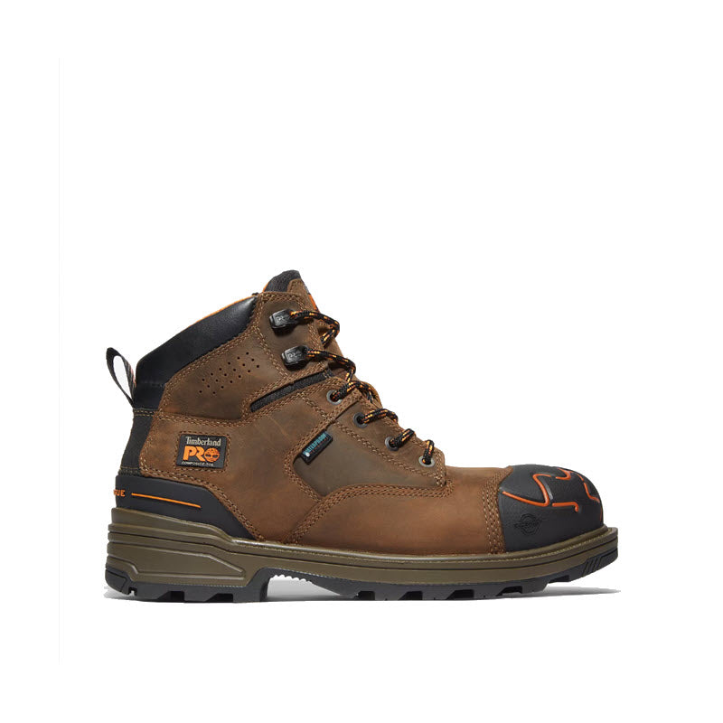 Timberland CT Magnitude 6&quot; WP Mocha - Mens safety work boot with orange accents and anti-fatigue technology on a white background.