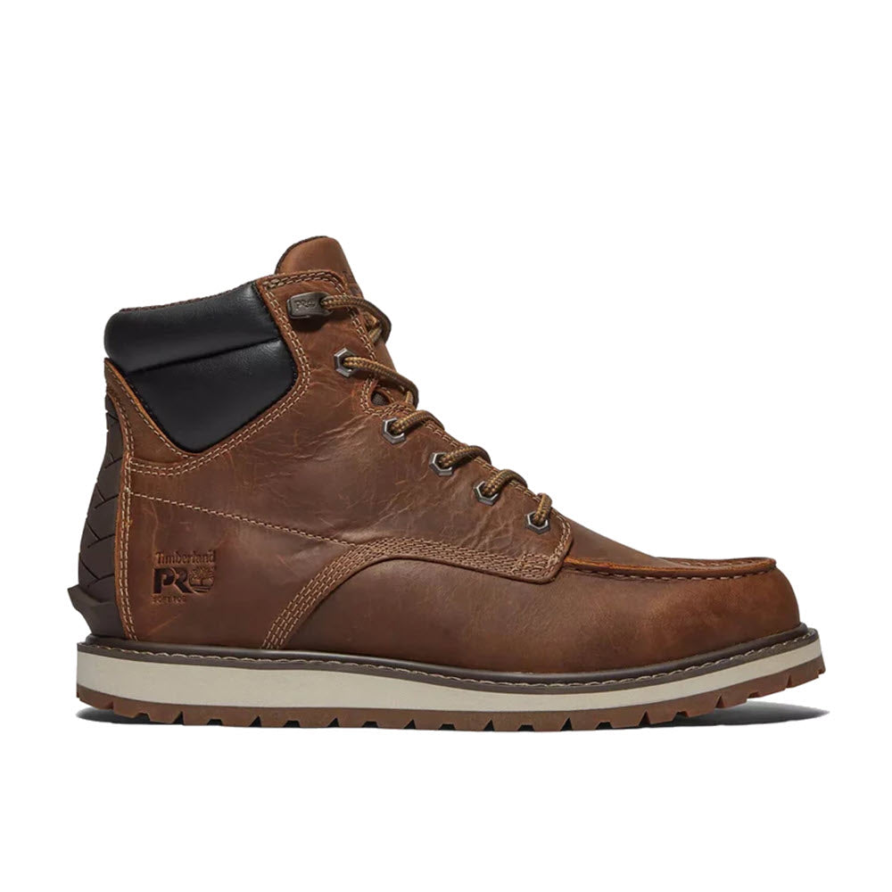 Brown full-grain leather Timberland Irvine Wedge 6&quot; Soft Toe work boot with black padded collar and quilted detail on the heel, isolated on a white background.