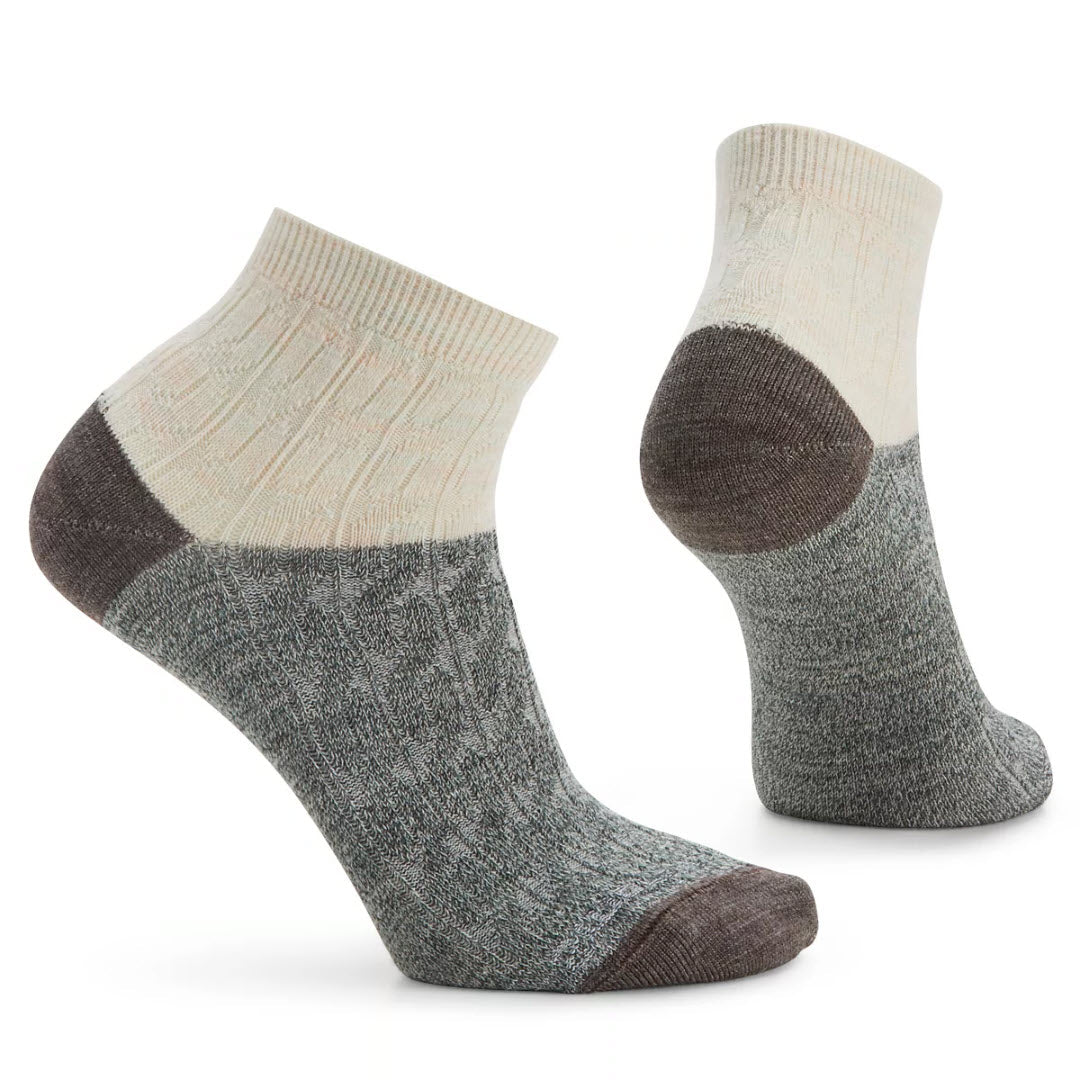 Pair of Smartwool Everyday Cable Ankle Socks Moonbeam - Womens with reinforced heels and Virtually Seamless toe on a white background.