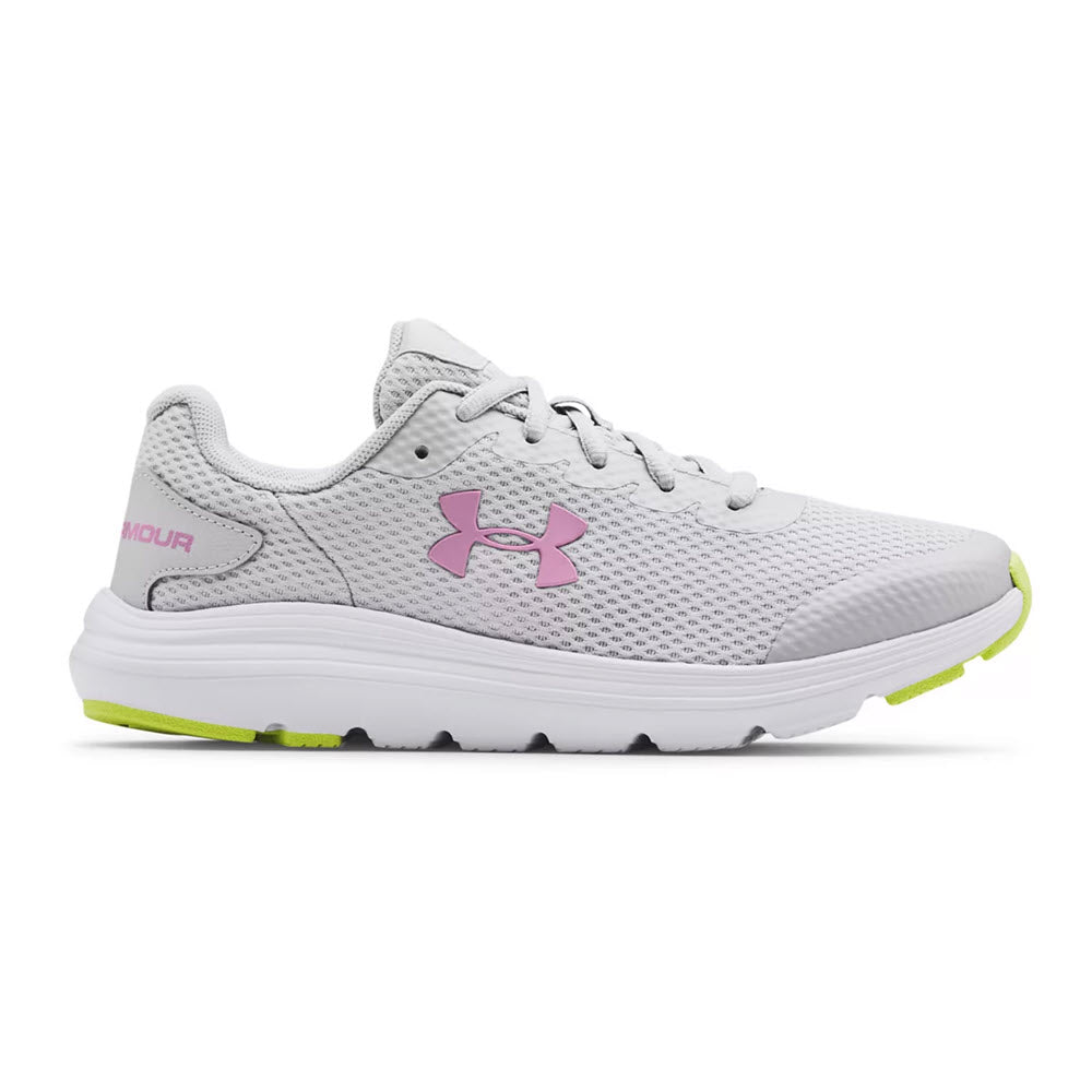 White Under Armour Surge 2 GS Mod Grey running shoe with pink logo, neon yellow accents, and lightweight breathable mesh.