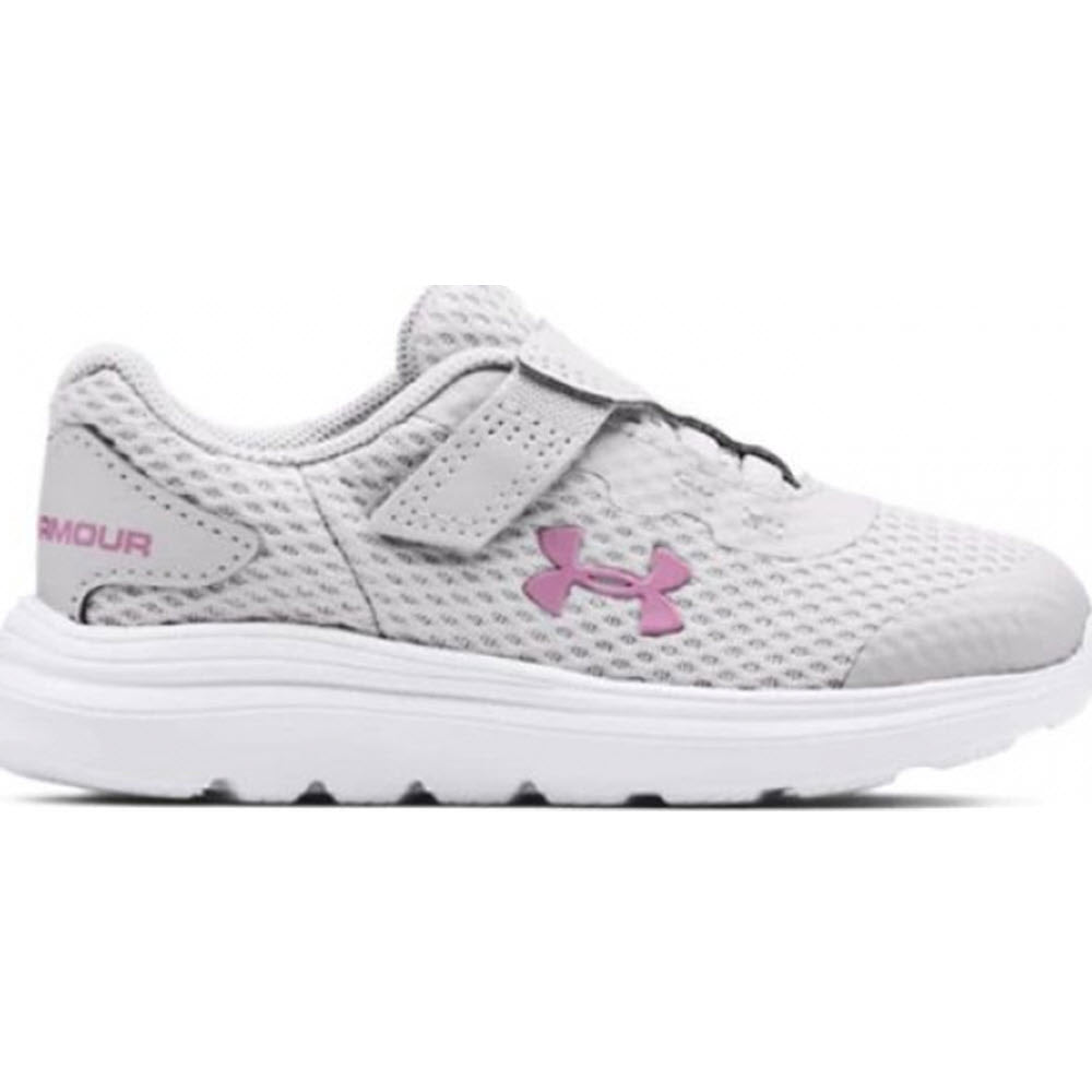 A single white and pink Under Armour Surge 2 AC Mod Grey sneaker for toddlers, featuring a breathable mesh upper.