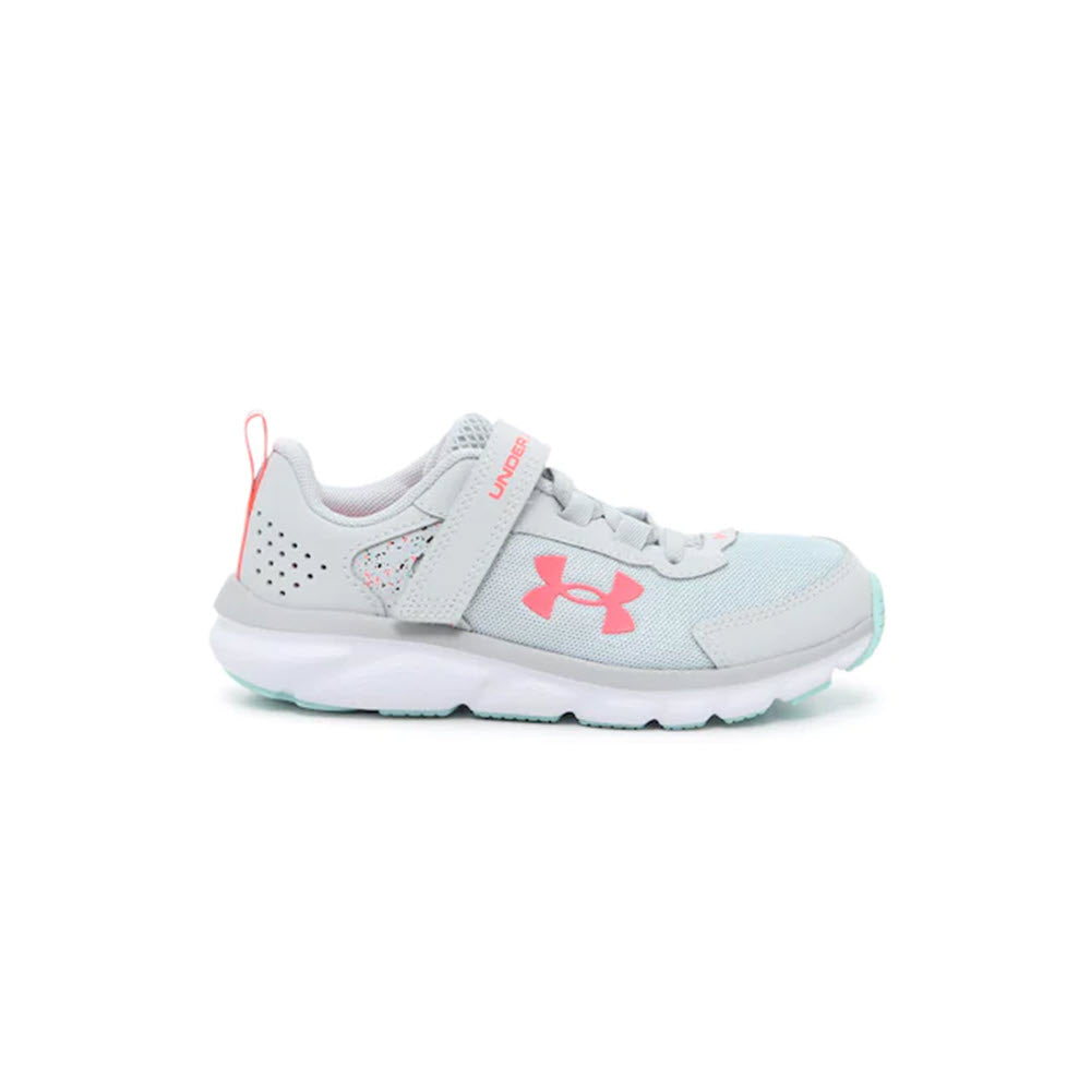 A single Under Armour Assert 9 Grey - Kids athletic shoe with a lightweight mesh upper, in light blue and grey, featuring a pink logo and detailing.