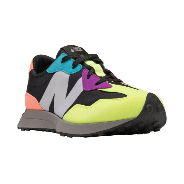 A vibrant multicolored New Balance 327 Paradise Pink sneaker featuring trail-inspired lug outsole, with black laces and a thick sole.